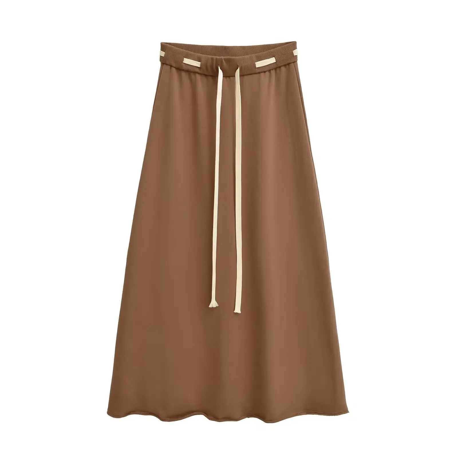 Loose Feel Color Blo Waist Rope Midi Skirt Women's Early Autumn Drape Universal High Waist Slimming A-Line Skirt