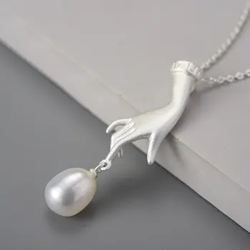 Lotus Fun 18K金天然珍珠手形吊墜項鍊,女士禮物,925純銀鍊,時尚奢華精美珠寶 12 最佳銷售 蓮花樂趣 - №12