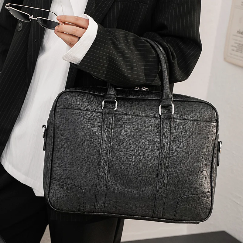 Men's Large Capacity Handbag Black Simple All-Matched Pu Leather Male Briefcase Classic High Quality Textured Computer Bag