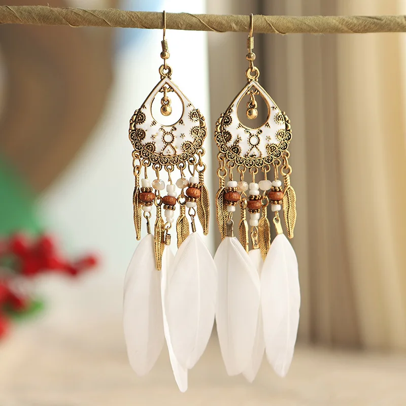 Bohemian Long Feather Drop Dangle Earrings For Women Beaded Handmade Carved Heart Enameled Earrings Boho Vintage Indian Jewelry