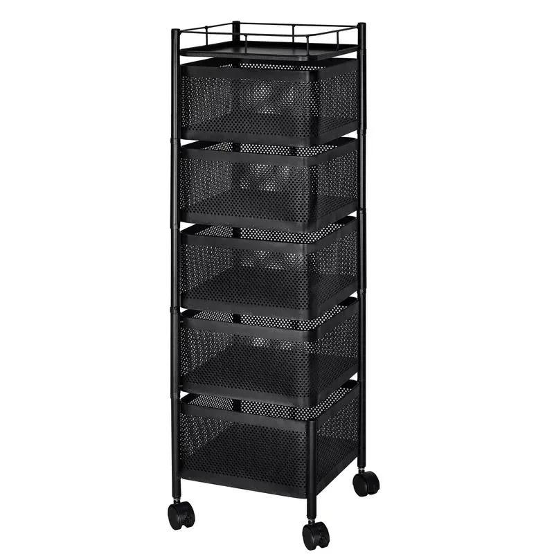 5 Tier Kitchen Rotating Trolley Storage Cart with Wheels Fruit Vegetable Basket Box Living Room Top Cover
