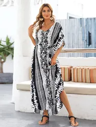 2023 copricostume Bikini Retro Snake Printed Self Belted Women Summer Dress tunica Plus Size Beach Wear costume da bagno Cover Up Q1227