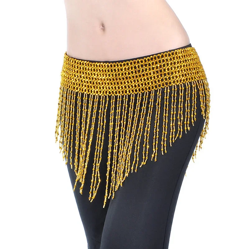 Women Tassel Hip Scarf Belly Dance Elastic Wrapped Belt with Gold/silver Beaded Fringes