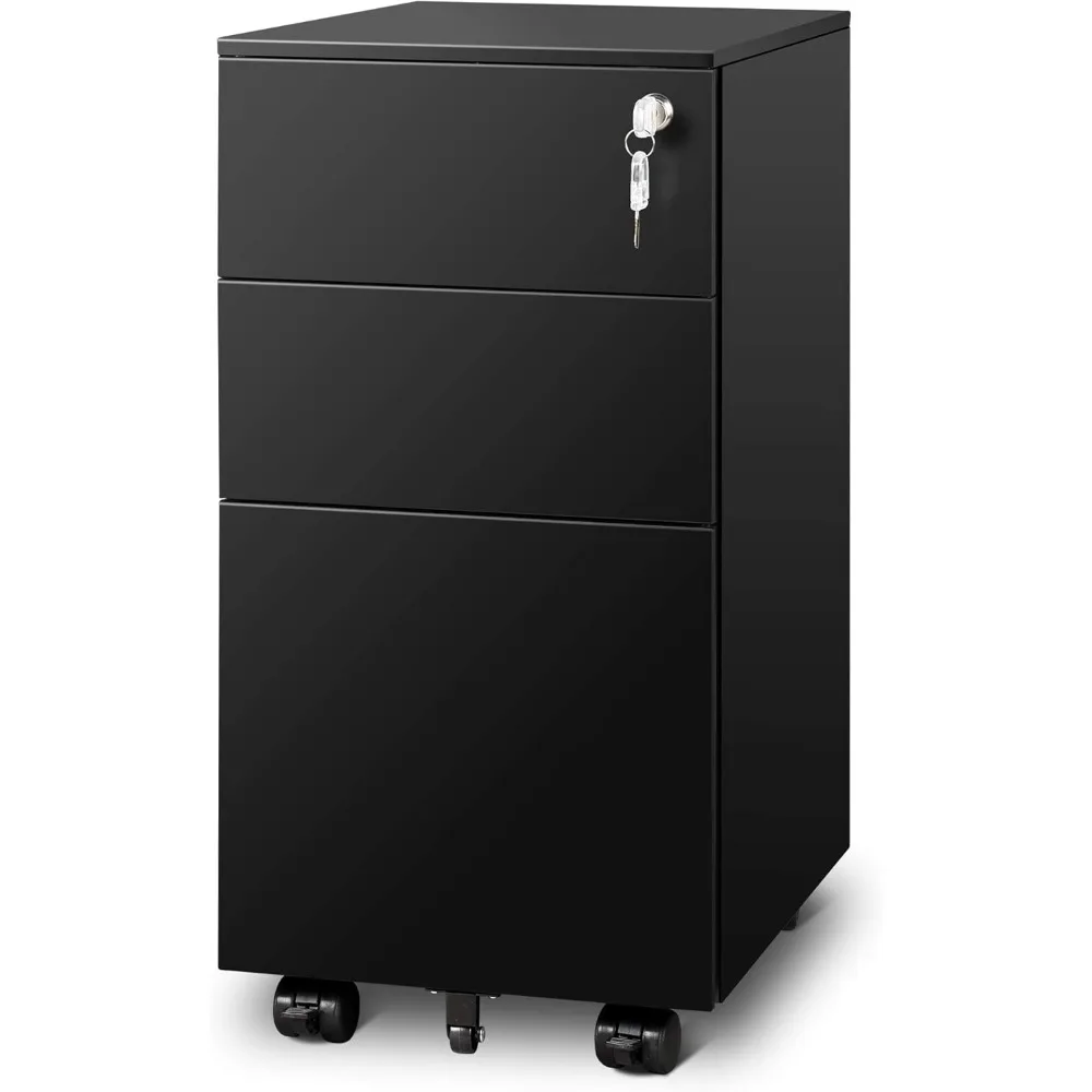 3-drawer Lockable Filing Cabinet,Metal Rolling Filing Cabinet for Home Office,Thin (11.8 Inches) Small Under Desk Cabinet,Black