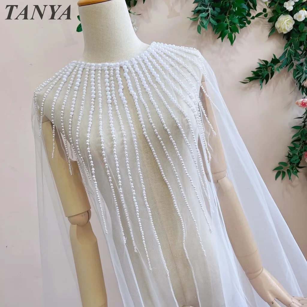 Pearls Romantic Wedding Cape Long Bohemian Brides Wraps Hand Beads Sweep Train Bridal Cloak Bridal Accessories Outfit