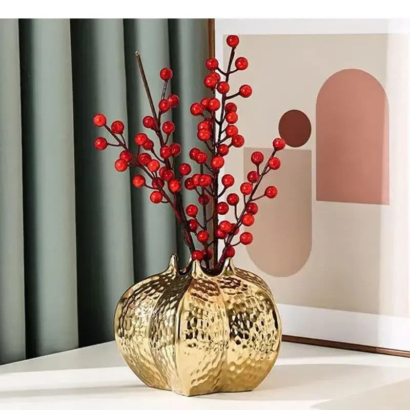 

#For Pomegranate Shape Gold-plated Ceramic Vase Artificial Flowers Decorative Flower Arrangement Desk Decoration Crafts Floral V