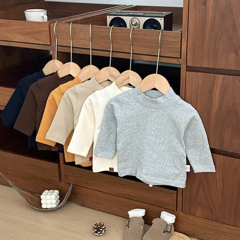 

Spring Autumn Newborn Baby Girl Boy Cotton Plain Turtleneck Slim Fit T-Shirt Children Pullover Top Kids Long-Sleeve Shirt 0-4Yr
