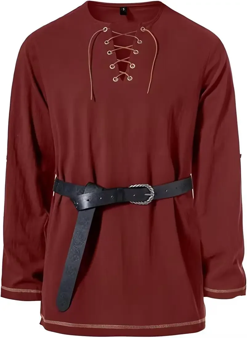 Mittelalterliches Schnürhemd für Herren mit Gürtel, langärmelig, Vintage-Piraten-Wikinger-Oberteil, Halloween-Cosplay-Kostüm, lässige Bluse – Detail 28