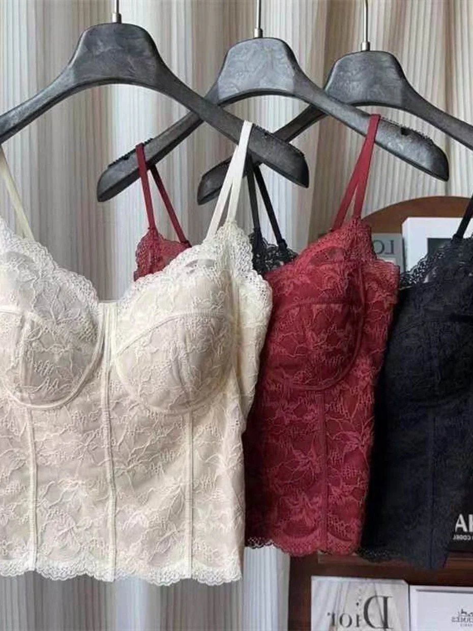 French Style Slim Fit Fishbone Line Small Strap Vest Women's Spring Summer Inner Wear Beautiful Back Bra Integrated with Ches...