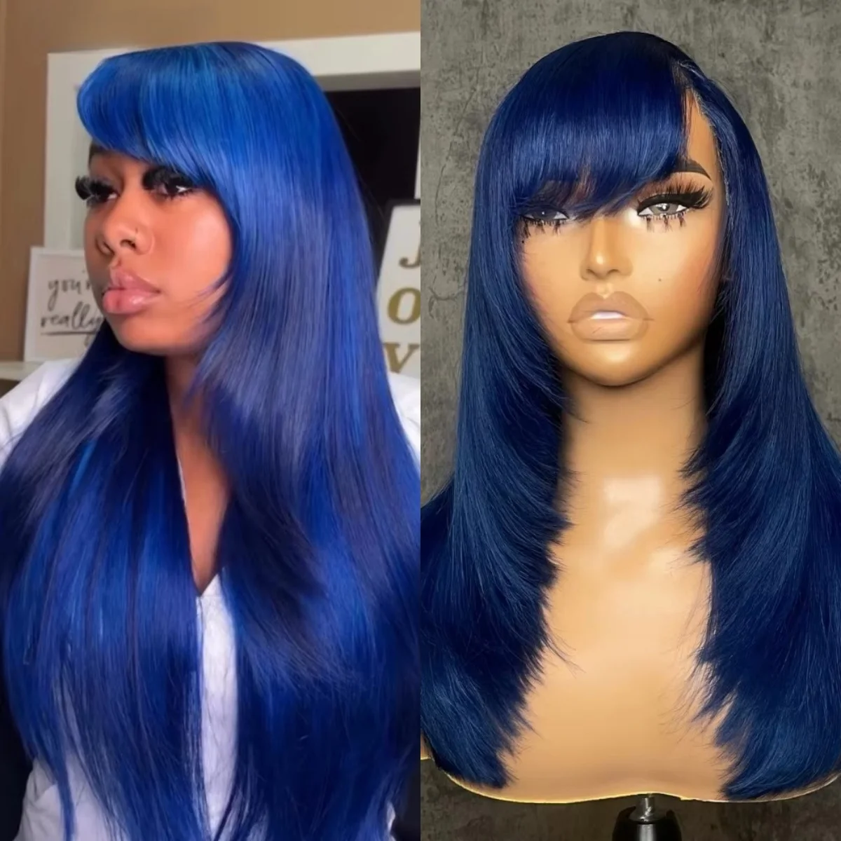블루 가발 레이어드 컷 본 스트레이트 레이스 프론탈 가발 앞머리 포함 13x4 HD 레이스 가발 합성 고품질 내열성 데일리 착용