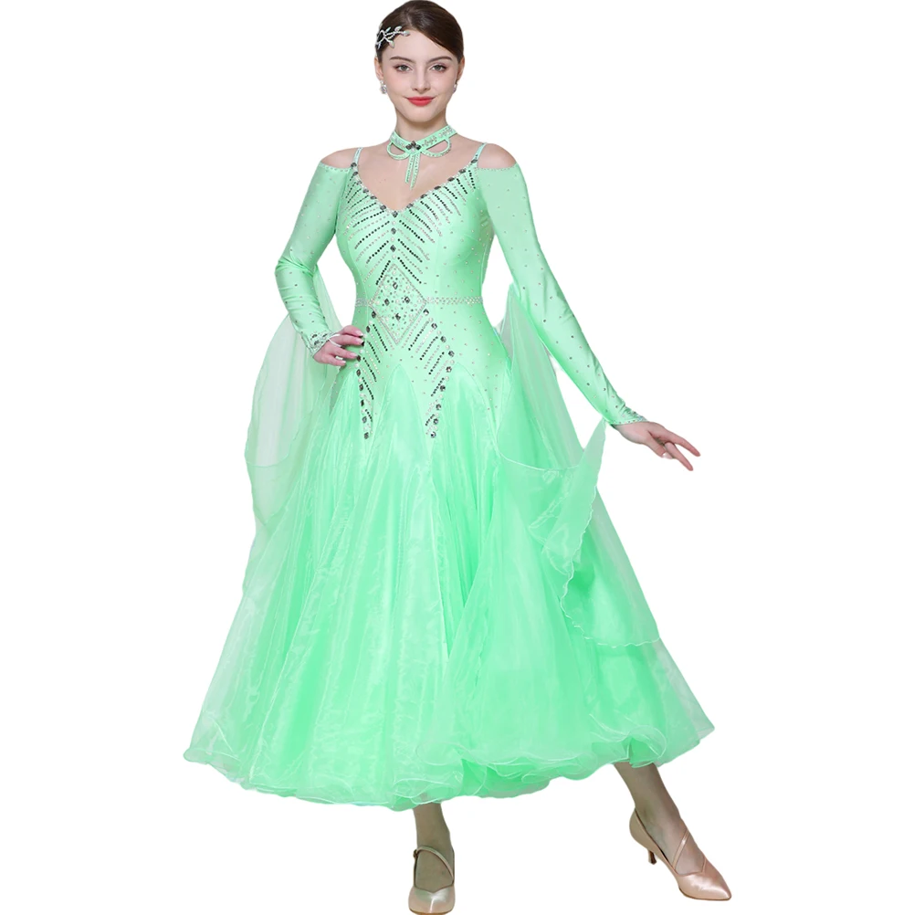왈츠 볼룸 드레스 경쟁 핑크 라이트 퍼플 스트랩 볼룸 댄스 기질 라인 석 긴 소매 화이트 그린 v 넥