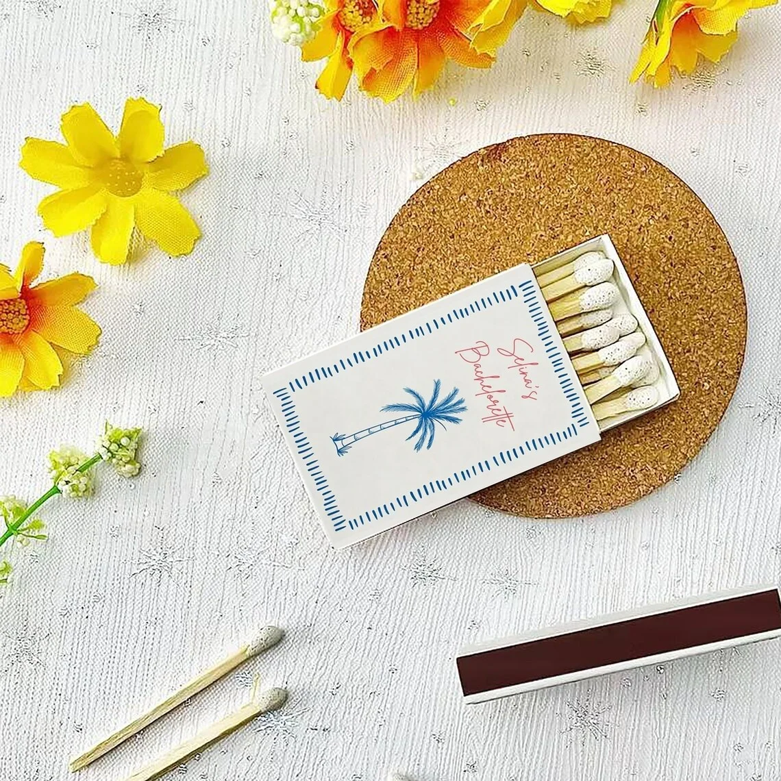 personalized-bachelorette-weekend-favors-custom-palm-tree-tropical-wedding-matchboxes-coastal-bridal-shower-beach-party-gues
