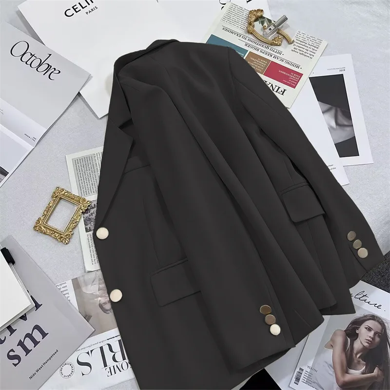 

Women's Casual Bla with Metal Buttons Korean Sle Suit Jaet Long Sve Polyester Commute Faion Spring Season