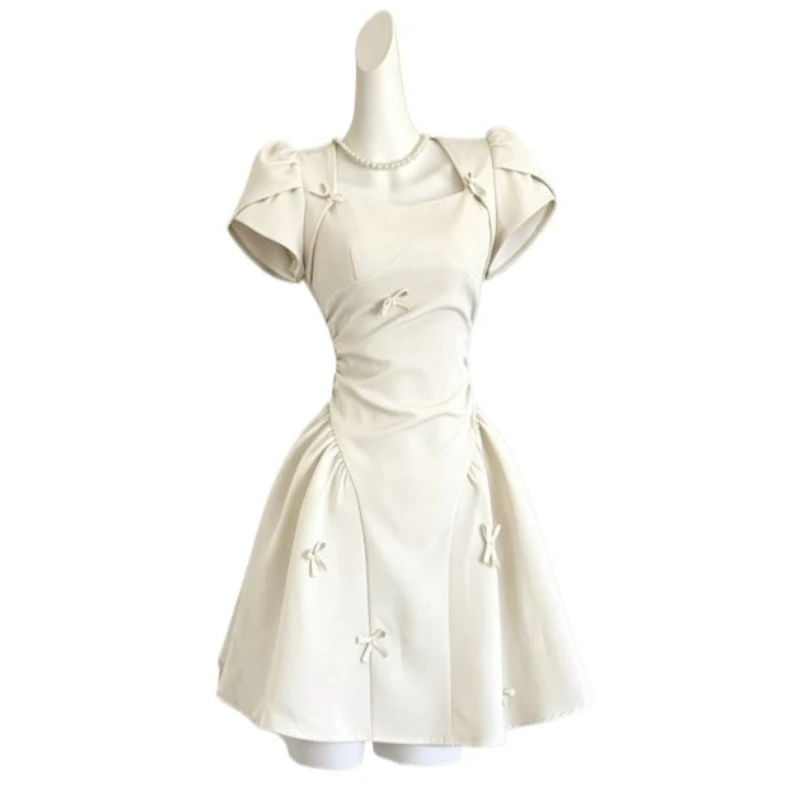 French Retro Square Neck Dress Women's Summer Short Skirt Bow Nail Drill Design Small High-end Dress Skirt Temperament Commuting