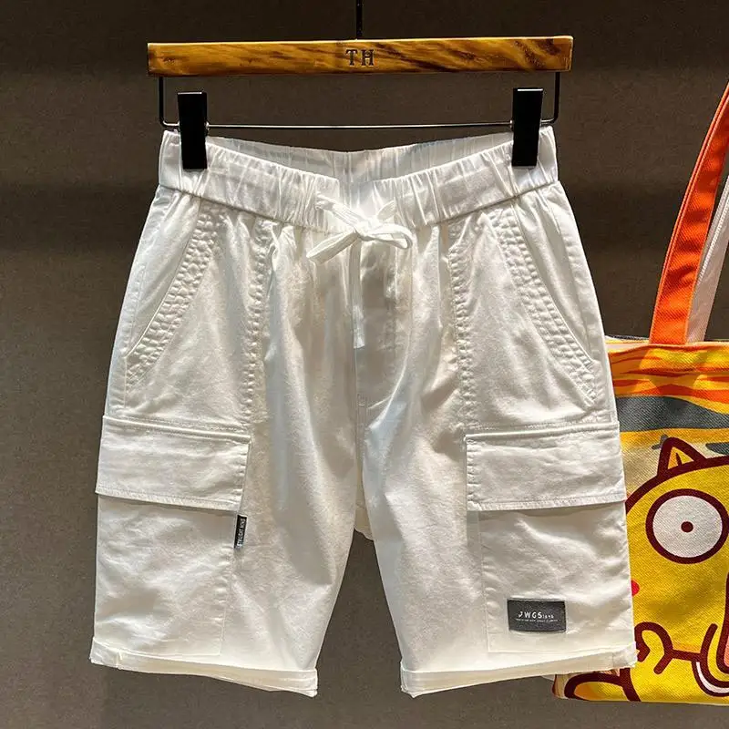 Shorts masculinos soltos com elástico na cintura, shorts casuais para trabalho de rua, estilo japonês, moda moderna, verão, 2024