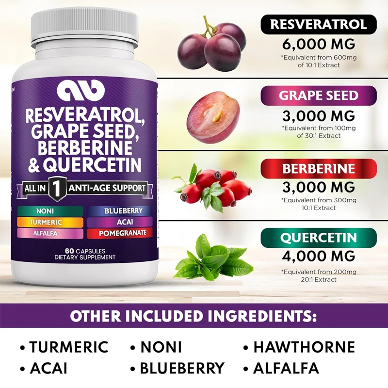 Resveratrol,Aspartate,Quercetin Polyphenols Supplement,Containing Nori Extract,N-acetylcysteine, Acai Berry Extract -60 Capsules