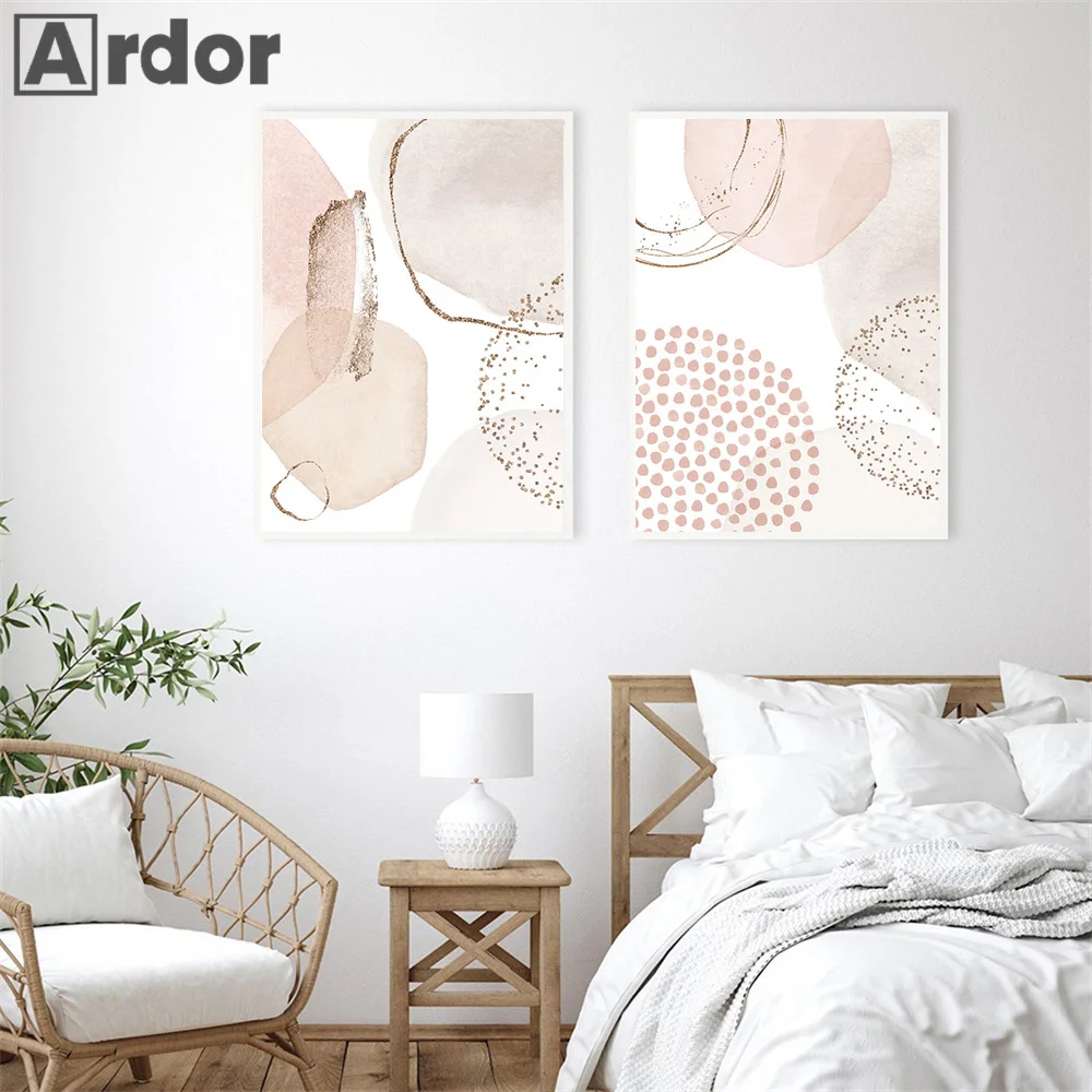 Modern Abstract Beige Pink Geometric Green Leaf Minimalist Poster Canvas Painting Boho Wall Art Print Pictures Living Room Decor