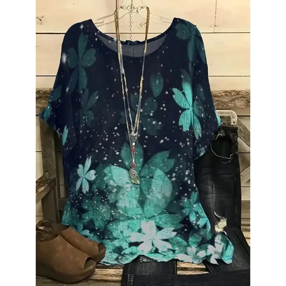 Camiseta con estampado Floral para mujer, camisa holgada de manga corta con cuello redondo, informal, talla grande 1XL-8XL