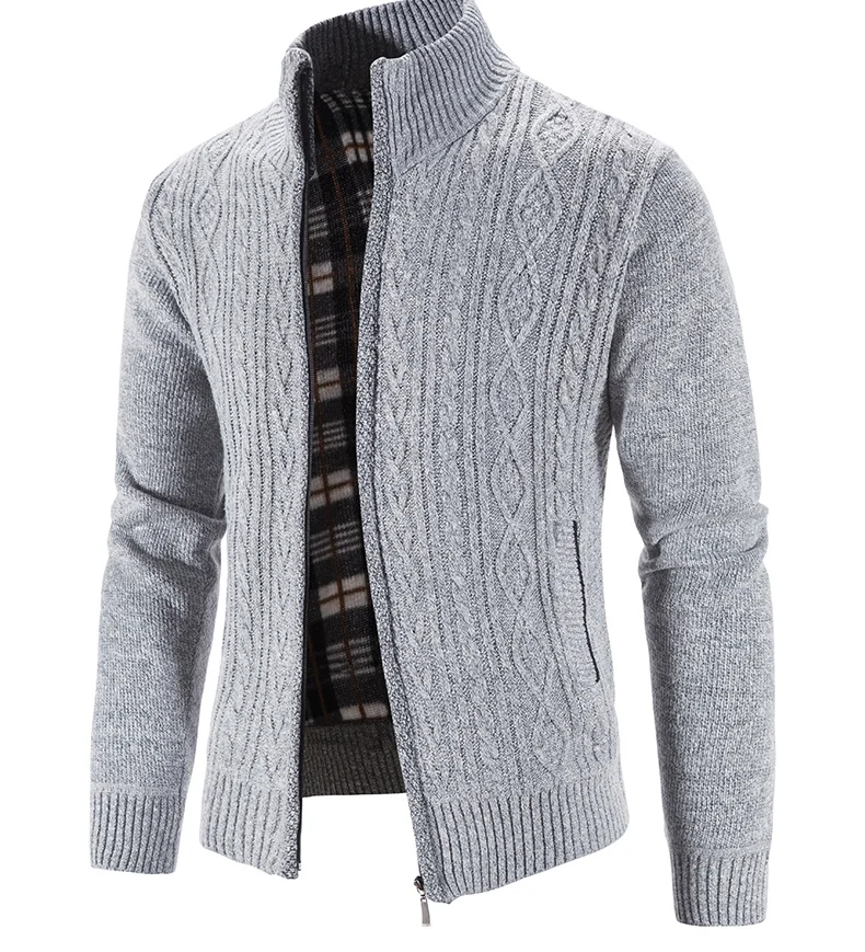 Winter Herbst Neue Pullover Stricken Zopf Strickjacke Männer Business Casual Jacke Zipper Up Einfarbig drehen-unten Mantel Fleece kleidung – Detail 5