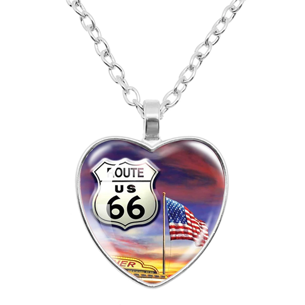 Classic Route 66 Glass Heart Pendant Necklace Men's Biker Race Party Accessories Gift Jewelry