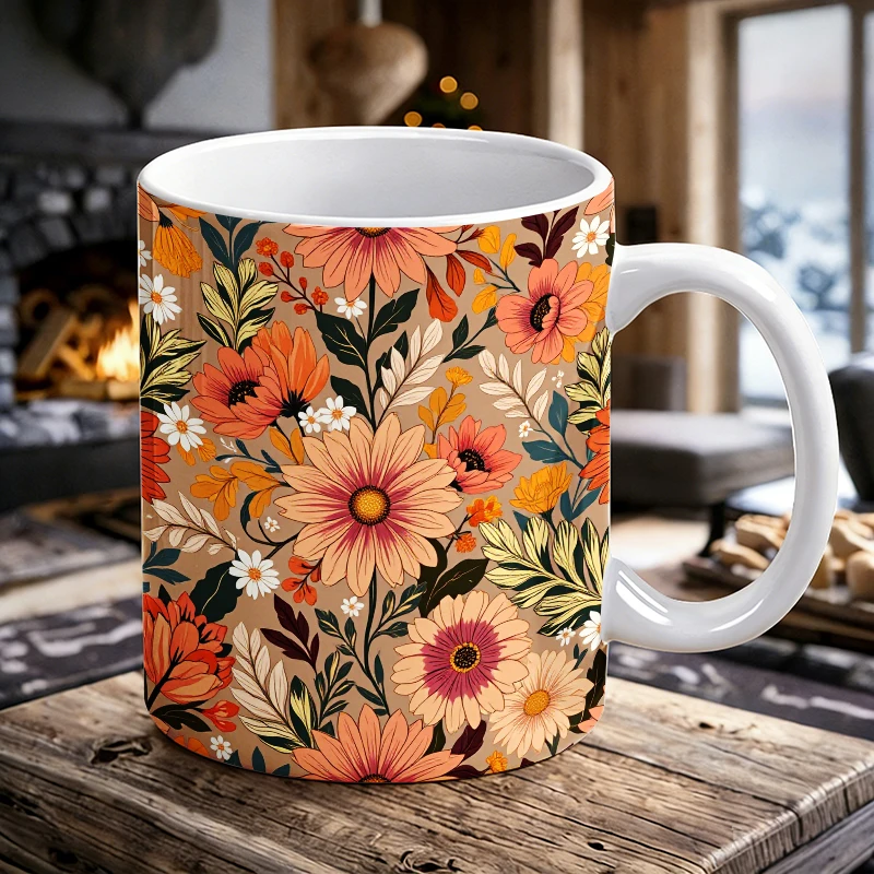 

11oz All-Over Print Boho Autumn Florals Ceramic Coffee Mug, Warm Daisies & Wildflowers Novelty Tea Cup, Gifts for friends