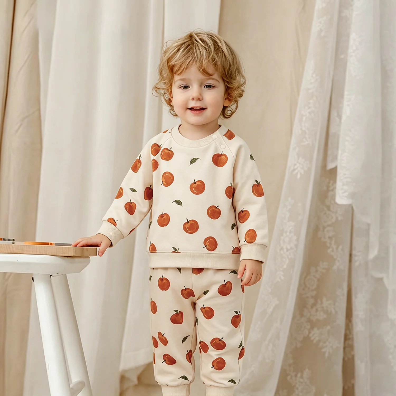 Baby Boy Girl Clothes Set Toddler Apple Fruit Print Fleece Sweatshirt Jogger Pants Infant Fall Winter Warm Outfit