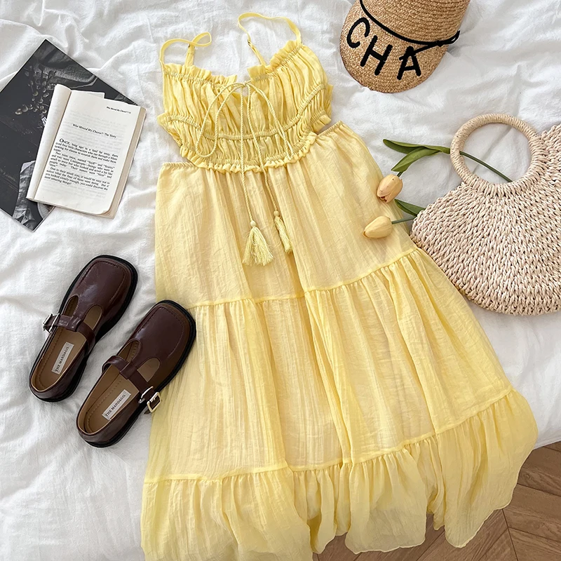 女性の綿の冷蔵庫のフリンジドレス、ミドルドレス、スパゲッティ、ハイウエスト、フローリー、カットアウト、段のロングドレス、自由奔放に生きる休暇の衣装、夏