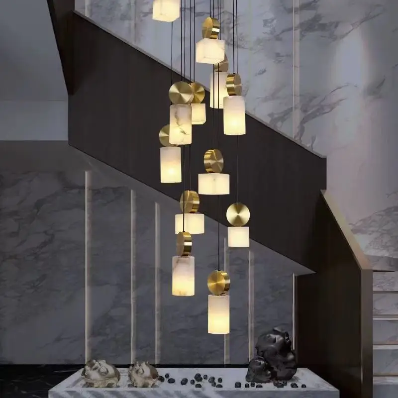 BOSSEN Luxury Modern Marble Chandelier Gold Pendant Light with Brass & Marble Shade Ceiling Lamp for Villa Hotel Staircase