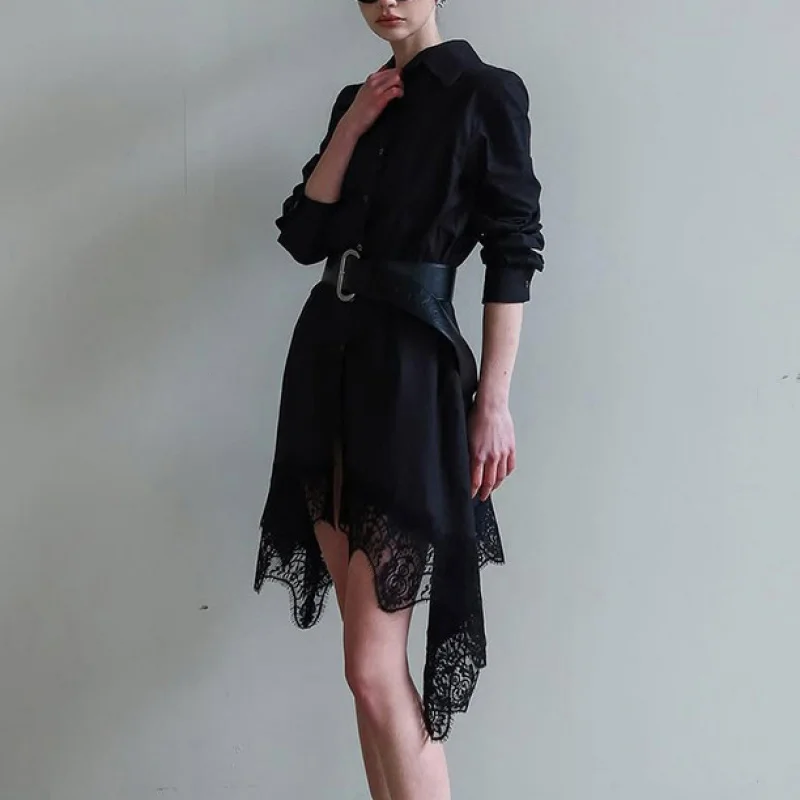

2026Spring New Gentle Style French Design Irregular Lace Patchwork Shirt Dress for Women