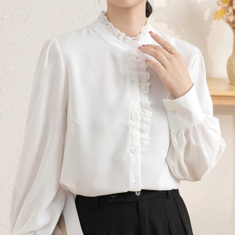 Dropshipping Females Blusas Mujer Women Chiffon Tops and Blouse Elegant Fashion Women Long Sleeve Ruffled Solid Office Lady Lace