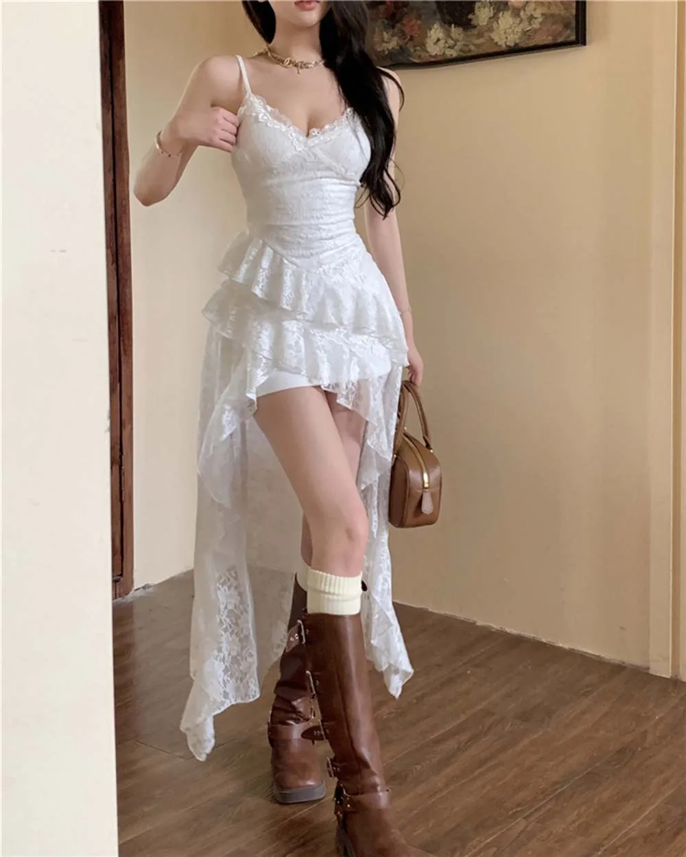 

Summer Women White Lace Irregular Dress