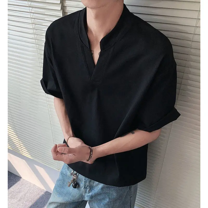 

Мужская футболка с v-образным вырезом и коротким рукавом, удобная дышащая однотонная простая летняя футболка, легкий повседневный топ