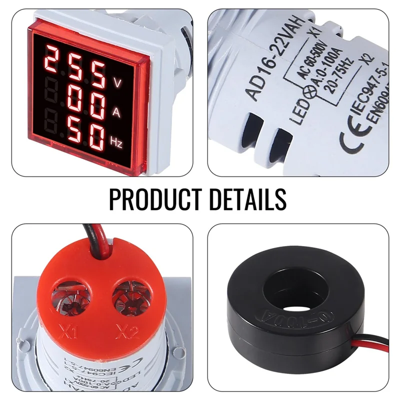 ABRB-3 個 3 In 1 60-500V 0-100A AC デジタル電流計電圧計、LED ディスプレイ電圧検出器電流テスターゲージ