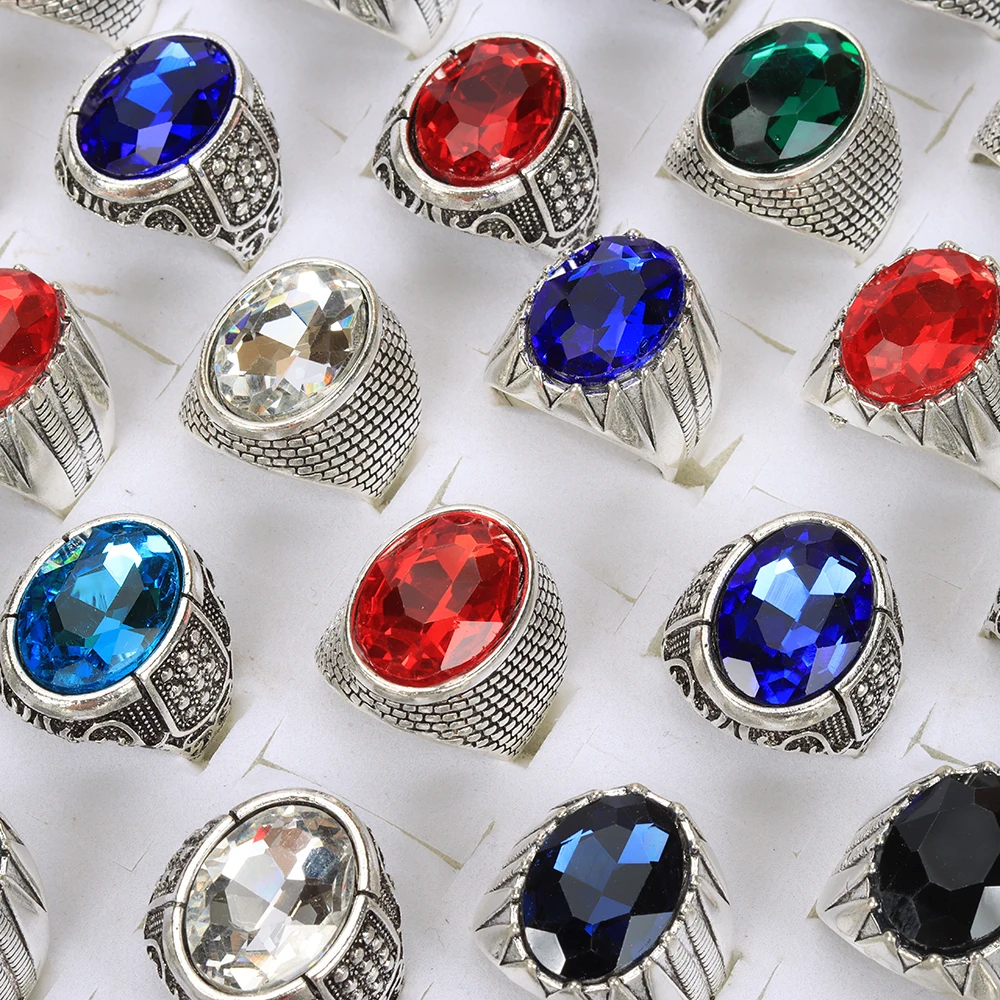 20Pcs/Lot Fashion Vintage Imitation Gemstone Glass Rings For Men Women Mix Color Style Retro Jewelry Party Gifts