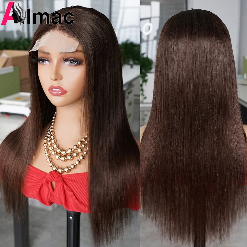 Chocolate Brown Straight Lace Closure Human Hair Wigs For Women T Middle Part Indian Remy Hair Wig Wtih Transparent Lace Almac