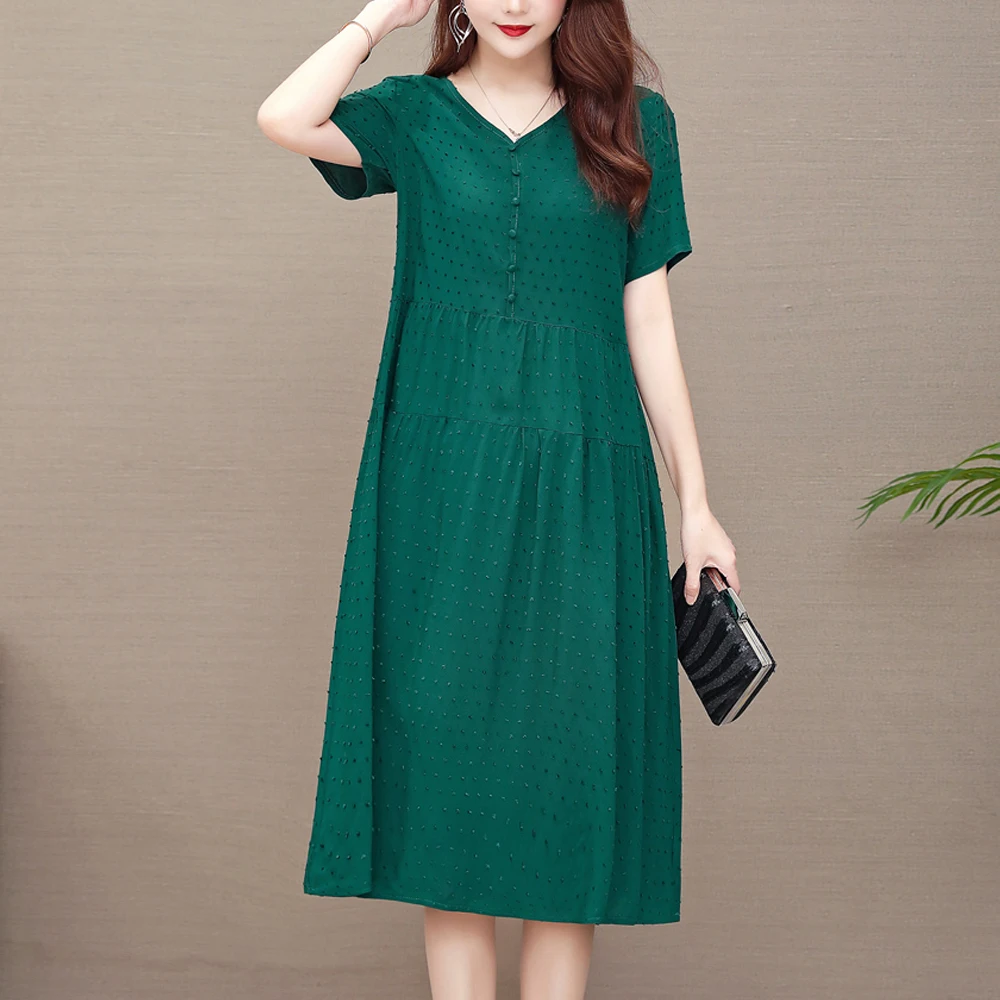 

New Fashion Casual Style 2023 Summer Dresses For Women V-neck Cotton Robe Femme Vintage A-line Solid Dress Women Clothing