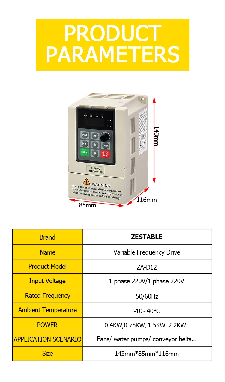 VFD 0.75/1.5/2.2KW 1/2/3HP Signal Phase 220V Variable Frequency Drive Converter Motor Speed Vector Control ZA-D12 Inverter