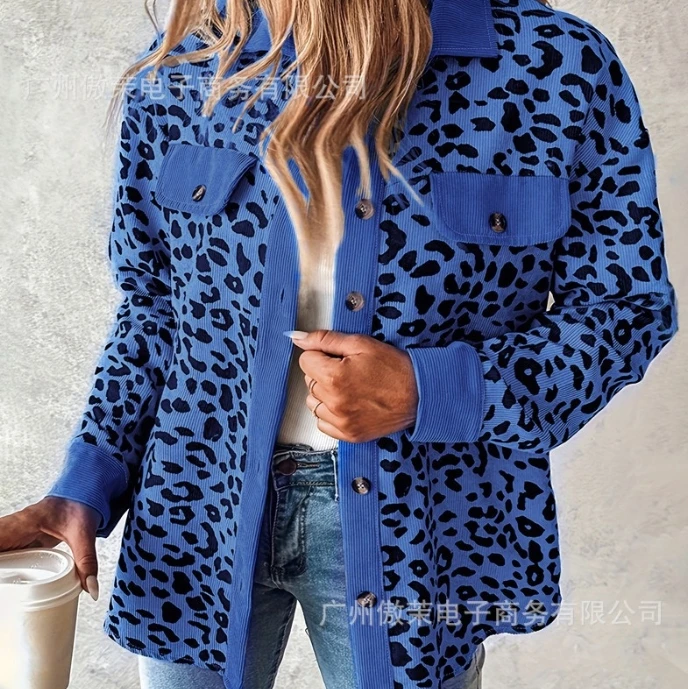 Autumn Women's New Blue Basic Casual Leopard Print Contrasting Pattern Single Breasted Lapel Versatile Thin Fashion Jacket