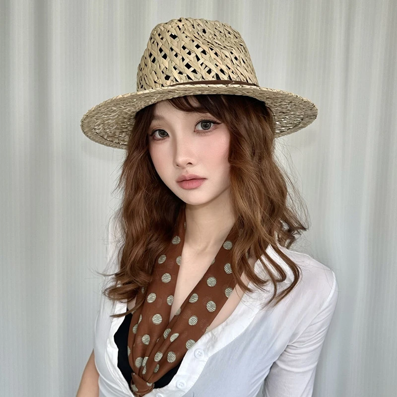 Summer Mesh Hollow Out Straw Hat for Women Large Open Weave Panama Hats Vintage Wide Brim Beach Sun Hats Ladies Casual Travel
