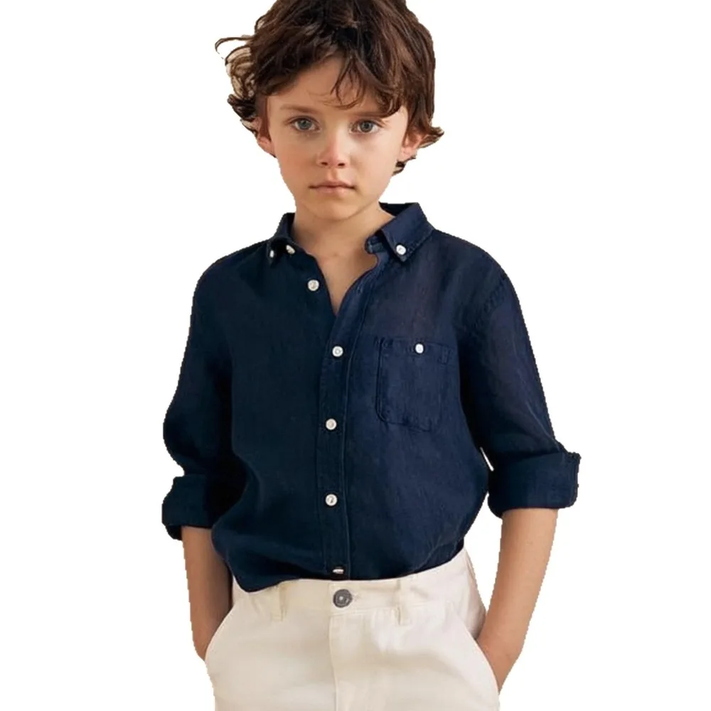 2026 Spring Boys Linen Shirt Old Money Style Lapel Long Sleeve Top Breathable Cotton Linen Blouse for 100-140cm