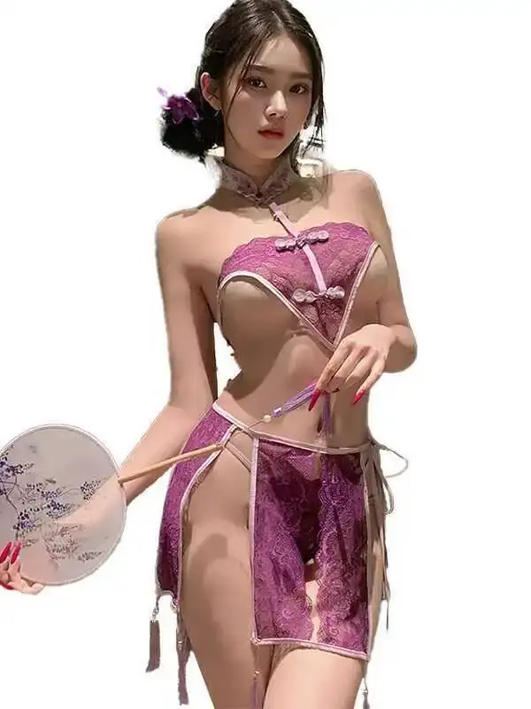 Fantaisie maille dentelle sexe dentelle maille dentelle pure Sexy Hanfu Style ancien robe élégante violet doux mode haut pour femme 2025 nouveau U0PH