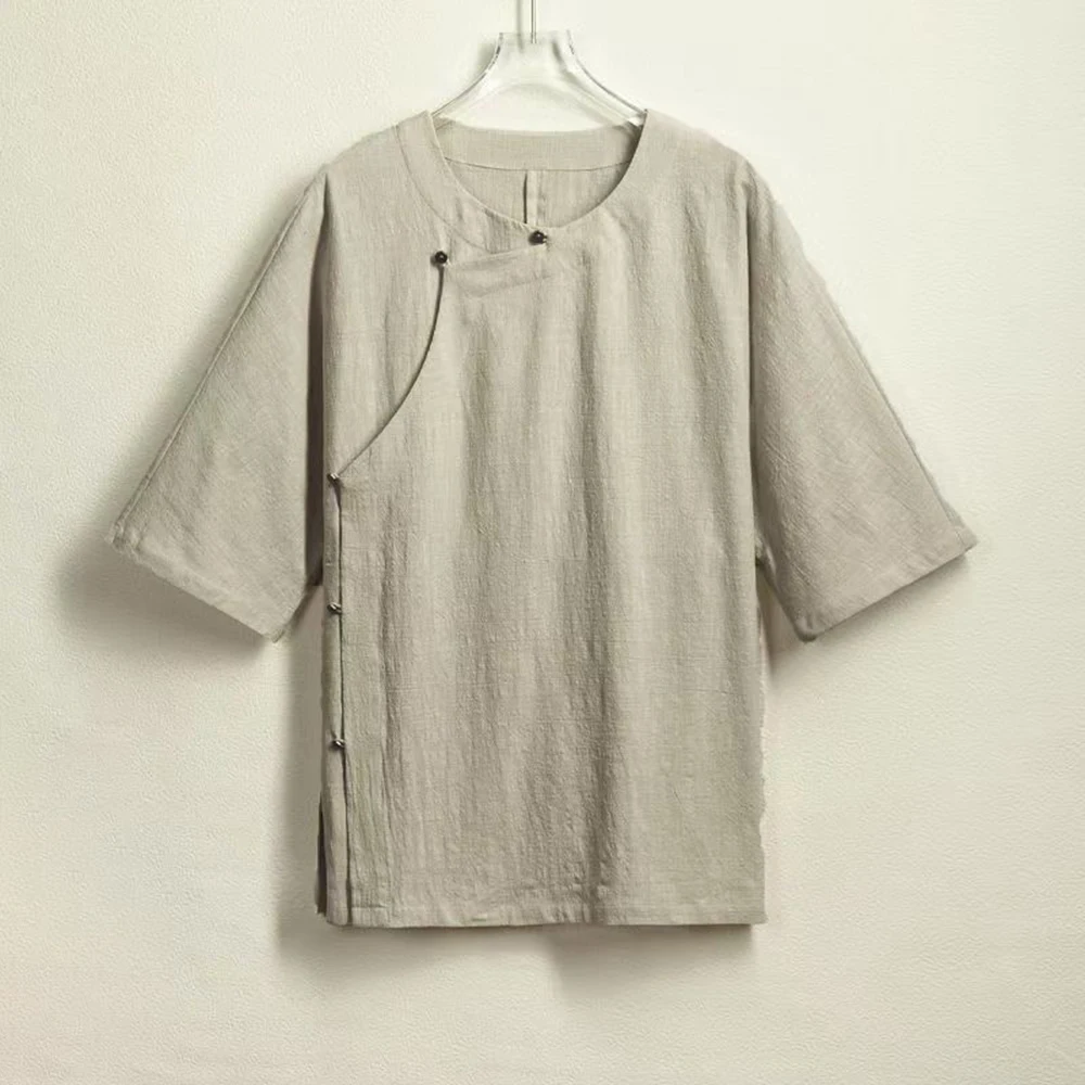 Mens Lightweight Slanted Placket Deconstructed Plain Casual T-Shirt Summer Fashion Retro Outdoor Daily Short-Sleeve Top 2026 New