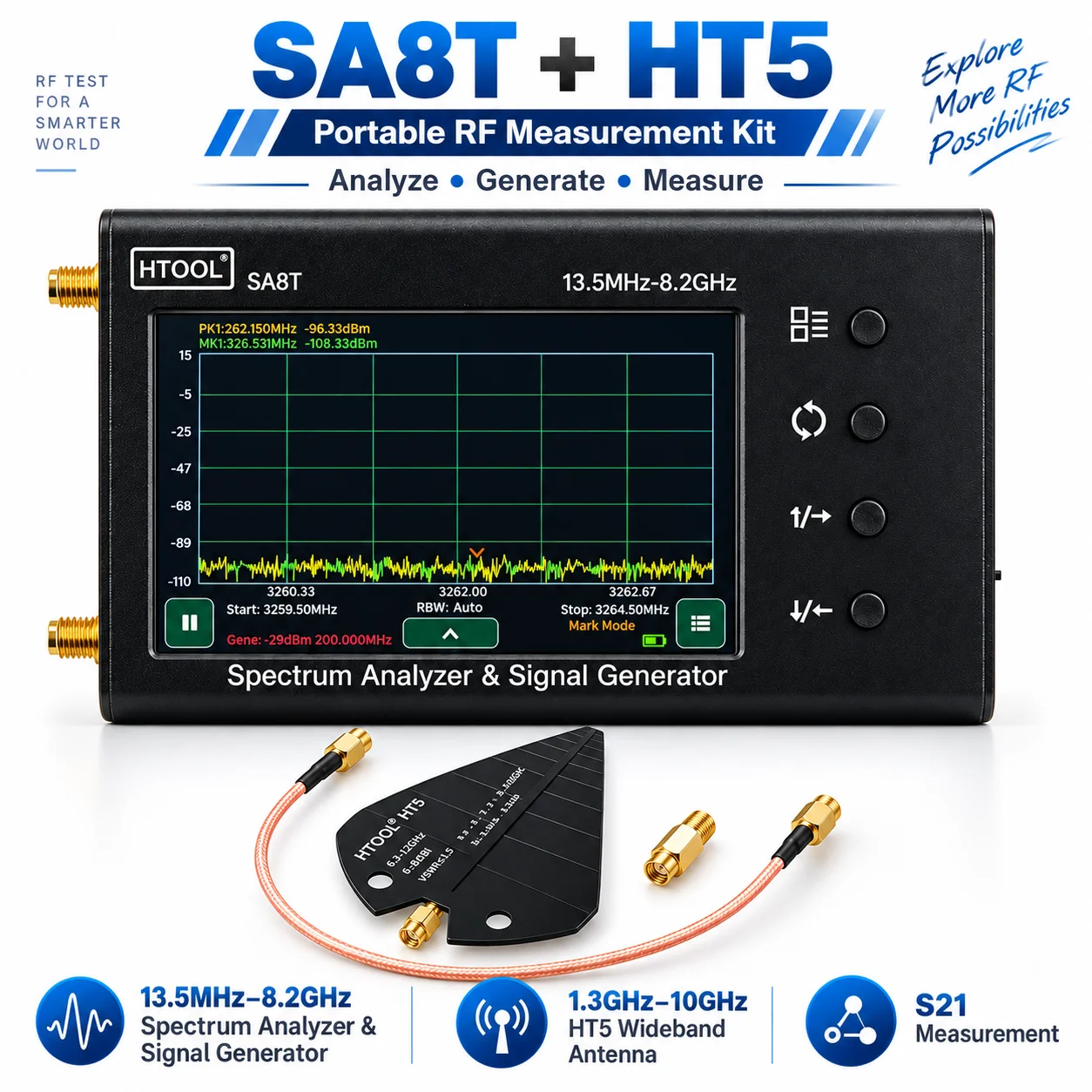 Portable RF Measurement Kit SA8T + HT5 1.3-10GHz Log Periodic Antenna for Spectrum Scan S21 Lab Electronics