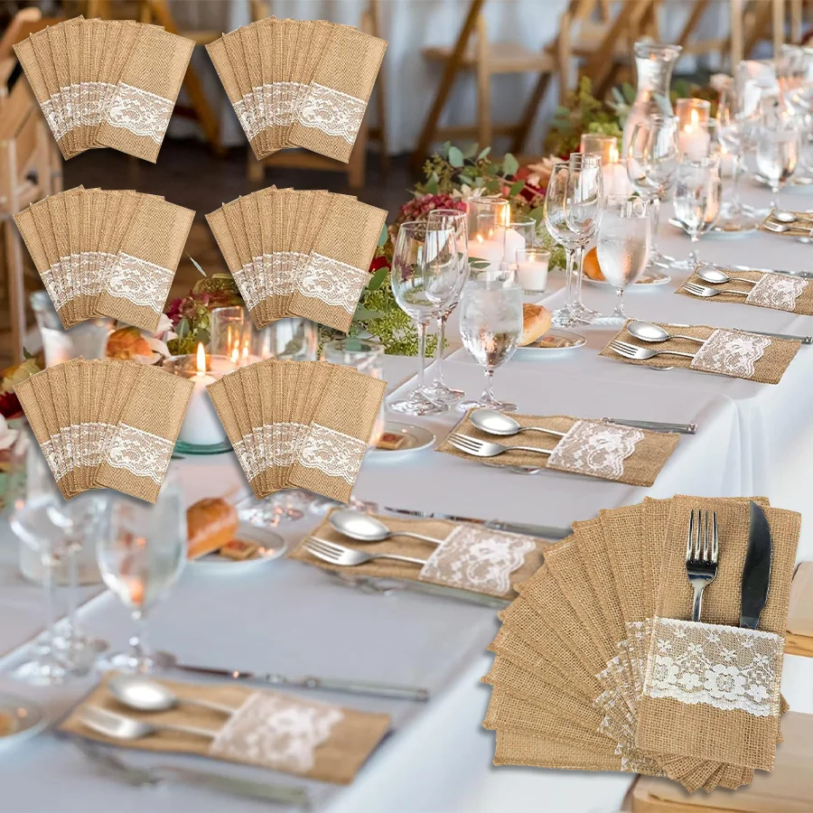 10/20/30pcs Burlap Lace Utensil Cutlery Pouch Silverware Holder Knifes Forks Bags Burlap Napkin Bag for Rustic Wedding Party Dec