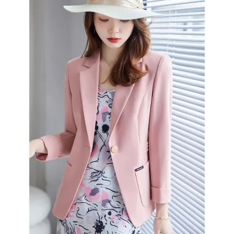 Blazer feminino de manga comprida, jaqueta justa para senhoras, rosa e preto, botão de cante, roupa de negócios e trabalho, casaco formal, primavera e outono