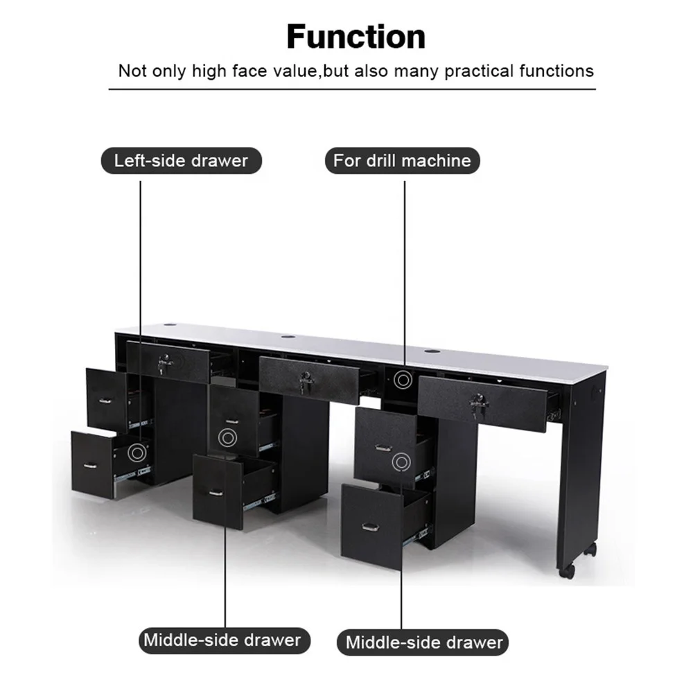 Furnitur Salon Kecantikan Mewah Modern Meja Manikur Hitam Tiga Stasiun Kuku Spa Kotor Tinggi Atas Kuarsa dengan Roda