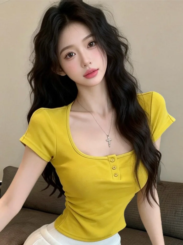 

Slim Fit Short Sleeve T-Shirt Women's Korean Style Pure Desire Button Half Open Collar Short Length Summer New Waist Inming T...