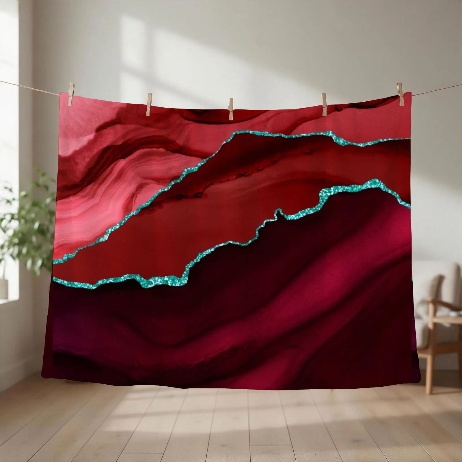 Abstract Red & Aqua Modern Geode Agate Design Throw Blanket couch cozy soft plush fuzzy picnic outdoor blanket