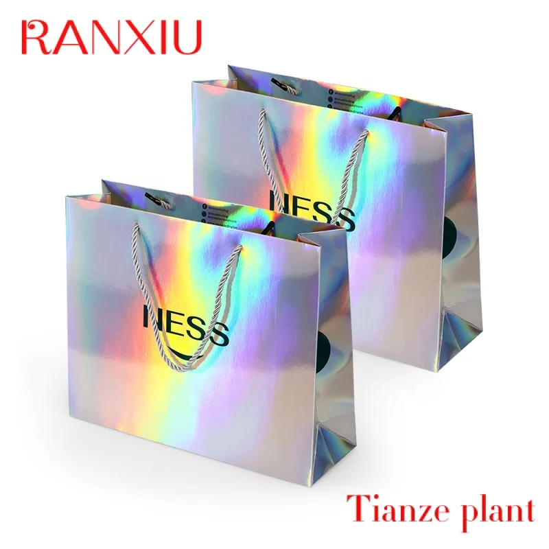 Custom Custom your own logo printing private label beautiful holographic gift cosmetic carry bags luxury paper shopping bag with