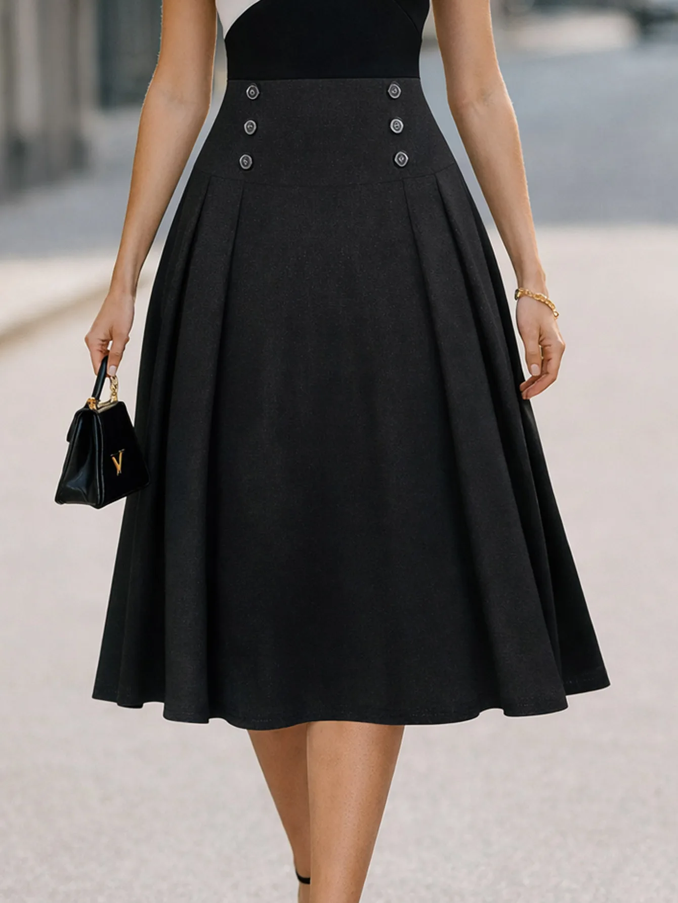 Women Elegant High Waist A Line Midi Skirt Pleated Flare Skirt Button Detail Solid Color Casual Office Work Party Chic Outfit